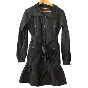 Eva Franco Black Trench Coat Dress Whimsygoth Witch Belted Ruffle Hem Size 2